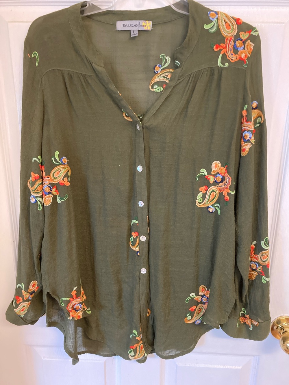 FIGLEAVEN Olive Embroidered Button-Down Blouse